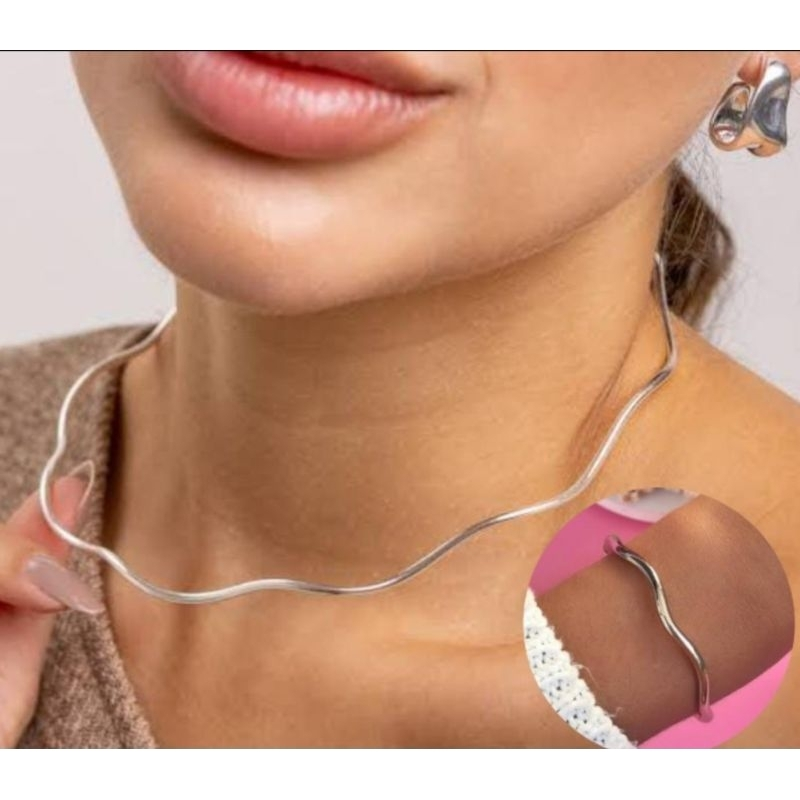 Choker aro ondulado e Pulseira Conjunto ajustável Prata e Dourado
