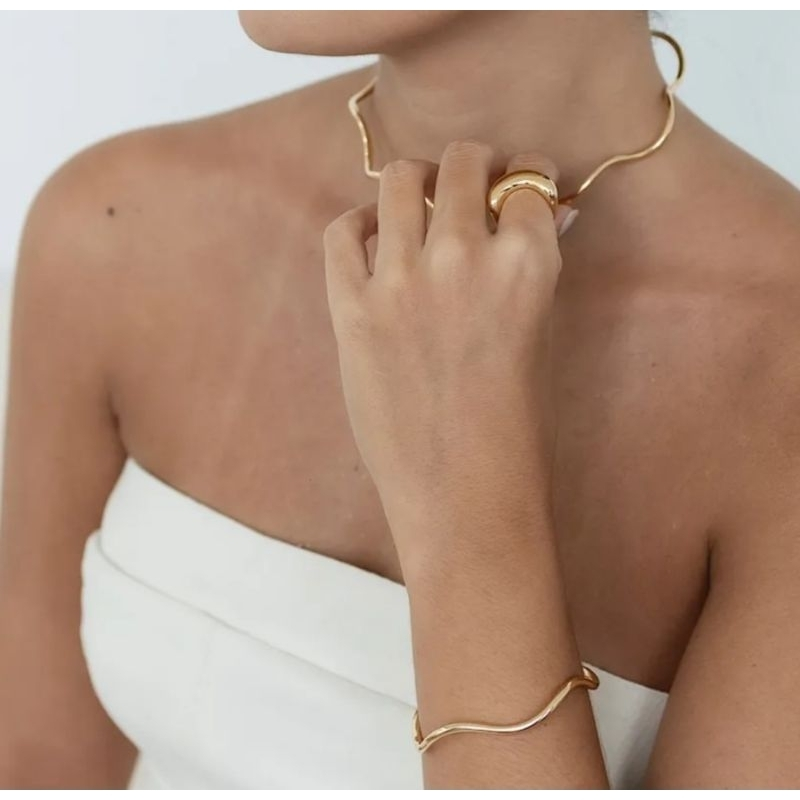Choker aro ondulado e Pulseira Conjunto ajustável Prata e Dourado