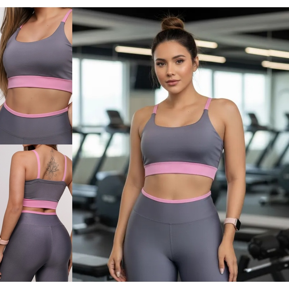 Conjunto roupa de academia fitness calça legging e top sem transparência suplex alta compressão