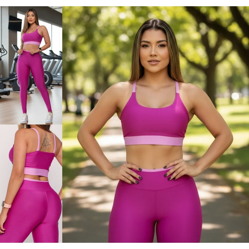 Conjunto roupa de academia fitness calça legging e top sem transparência suplex alta compressão